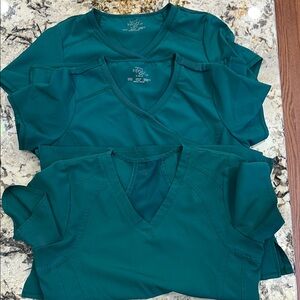 Women's Hunter Green V-Neck Top; Scrubs size small, good condition; lot of 3